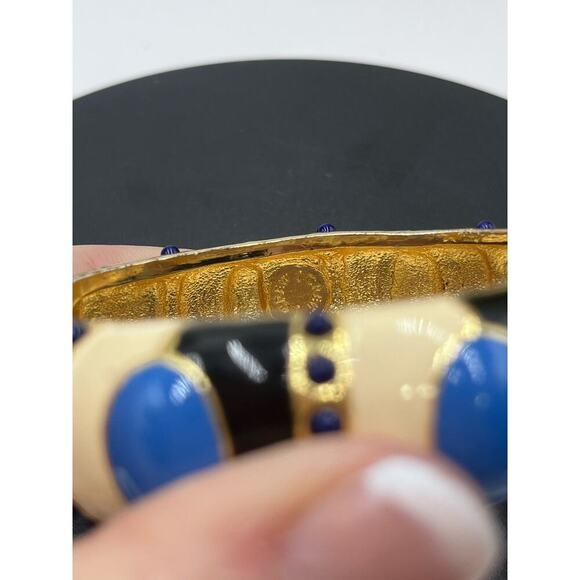 J. Crew Blue Enamel Tan Gold Tone Hinged Safety Chain Bangle Bracelet - Picture 9 of 15